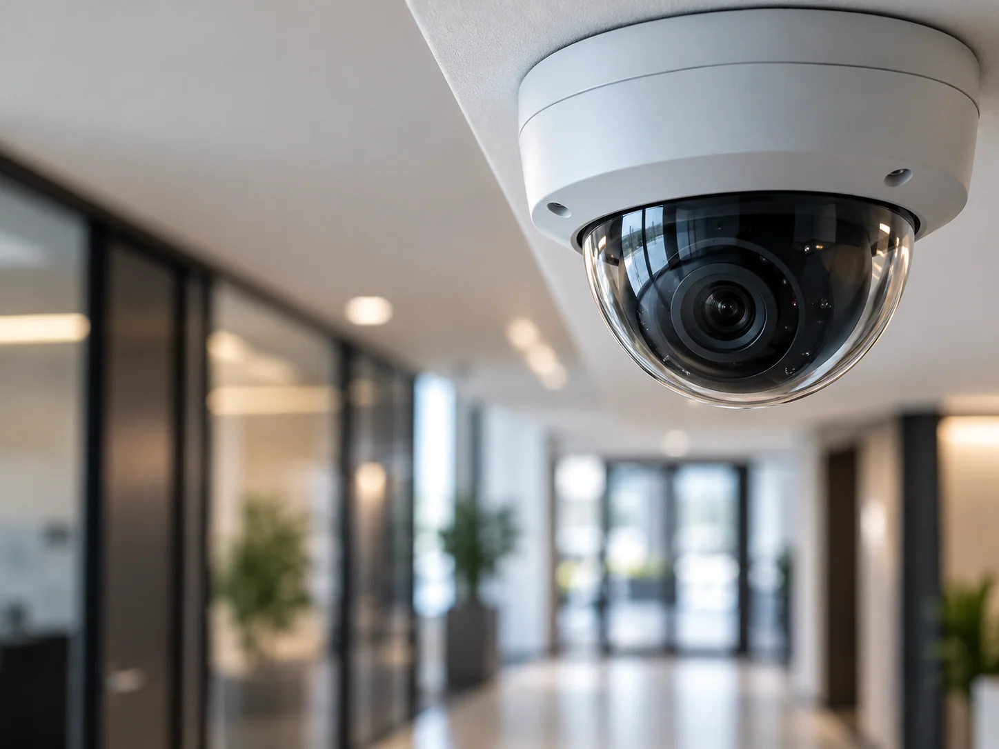 Cámara de videovigilancia tipo domo instalada en un pasillo corporativo