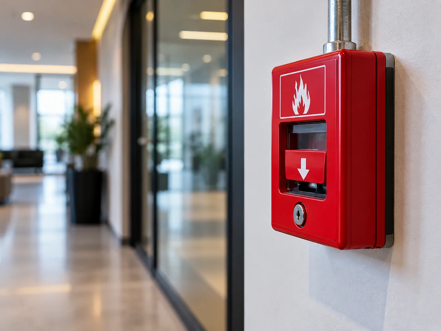 Estación manual roja de alarma contra incendios instalada en un pasillo empresarial