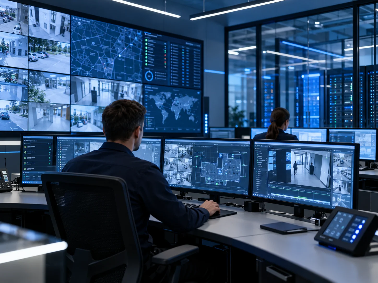 Centro de monitoreo de sistemas de seguridad con pantallas y supervisión técnica