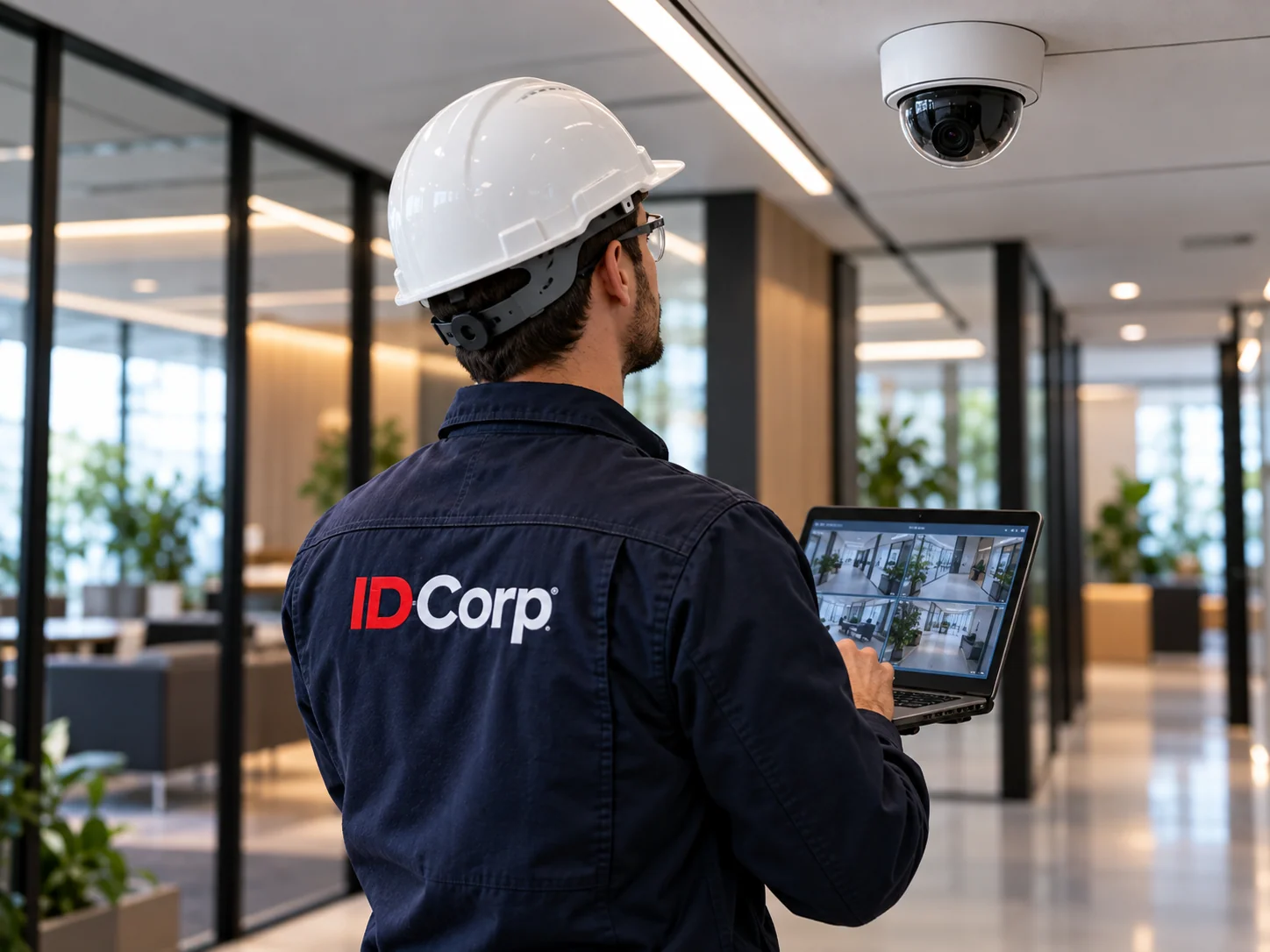 Técnico de mantenimiento revisando la operación de una cámara de seguridad en una oficina